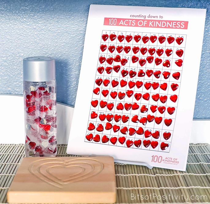 Completed 100 Acts of Kindness Chart with 100 Hearts Calming Bottle and Heart Mindful Breathing Board